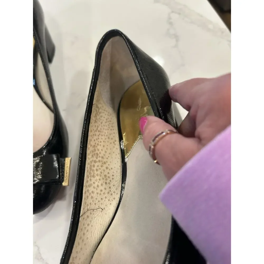 Michael Kors Kiera Mid Pumps Black Patent Leather Bow Toe Gold Logo Heels Sz 8M